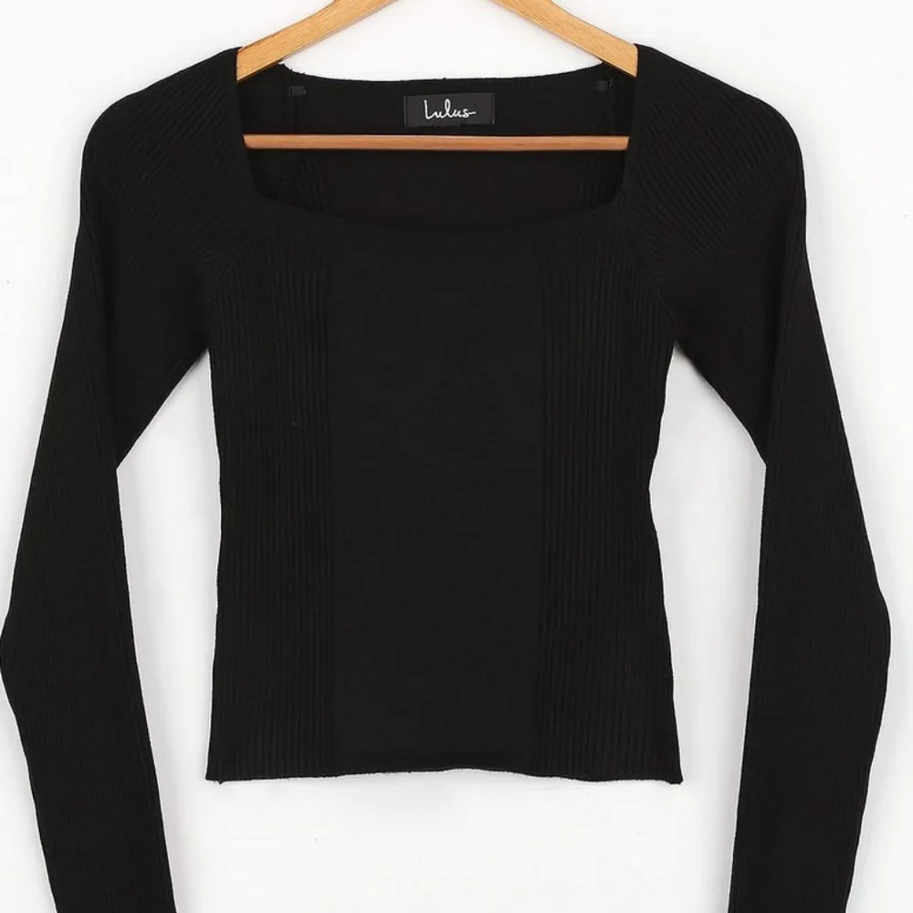 LULUS - Black Ribbed Square Neck Sweater Top - Womens - Size S - Picture 6 of 8